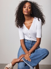 Mint Velvet White Ribbed Henley Top - Image 1 of 4