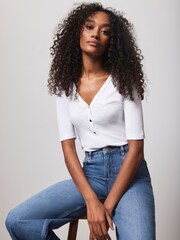 Mint Velvet White Ribbed Henley Top - Image 2 of 4