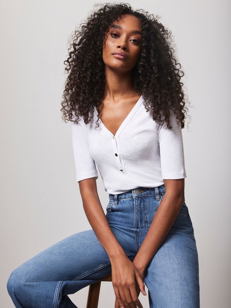 Mint Velvet White Ribbed Henley Top - Image 2 of 4