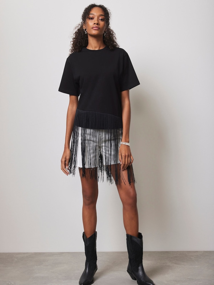 Mint Velvet Black Fringed T-Shirt - Image 1 of 4 Mint Velvet Black Fringed T-Shirt - Image 1 of 4