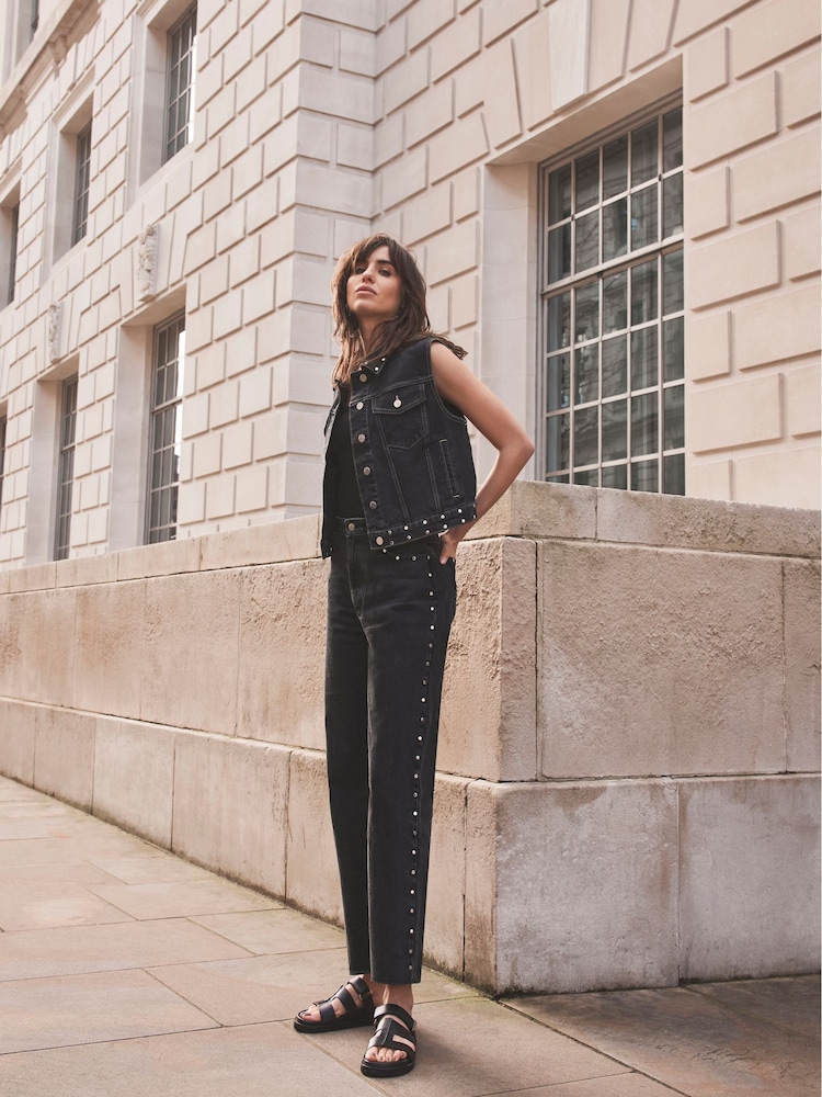 Mint Velvet Black Washed Studded Wide Jeans - Image 1 of 4