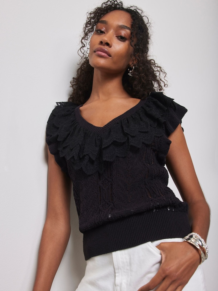 Mint Velvet Black Ruffle Knit Top - Image 1 of 4