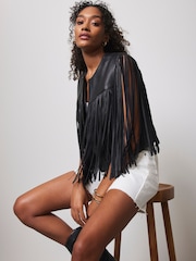 Mint Velvet Black Leather Fringed Waistcoat - Image 1 of 4