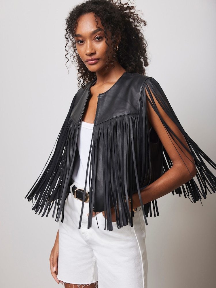 Mint Velvet Black Leather Fringed Waistcoat - Image 2 of 4
