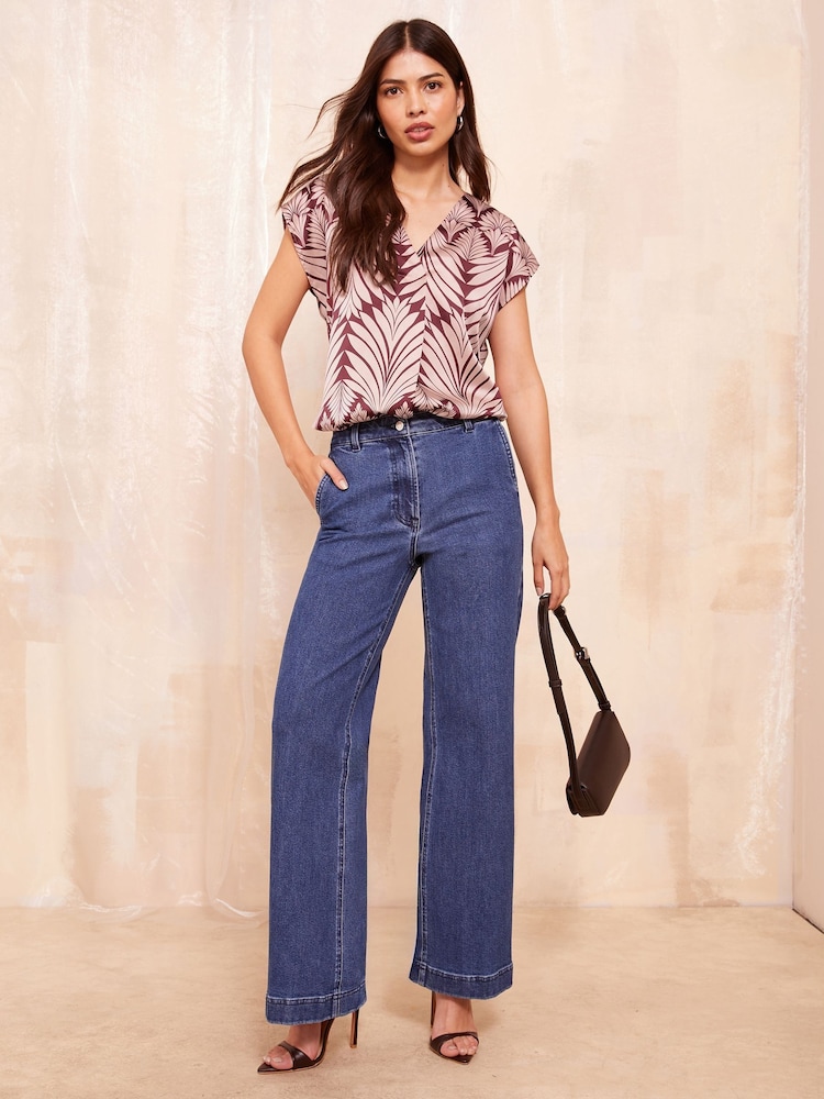Friends Like These Burgundy Palm Print Short Sleeve Satin V Neck Blouse - Image 2 of 4 Friends Like These Burgundy Palm Print Short Sleeve Satin V Neck Blouse - Image 2 of 4