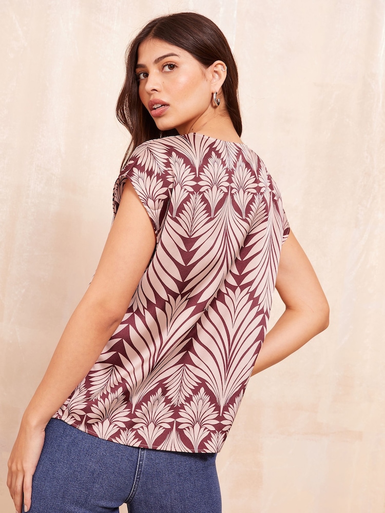 Friends Like These Burgundy Palm Print Short Sleeve Satin V Neck Blouse - Image 4 of 4