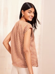 Friends Like These Rust Print Short Sleeve Satin V Neck Blouse - Image 4 of 4