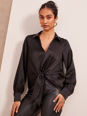 Friends Like These Black Tie Front Satin Long Sleeve Blouse - Image 1 of 4