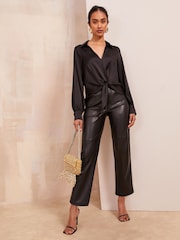 Friends Like These Black Tie Front Satin Long Sleeve Blouse - Image 3 of 4