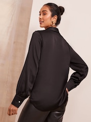 Friends Like These Black Tie Front Satin Shirt With Long Sleeve - Image 4 of 4