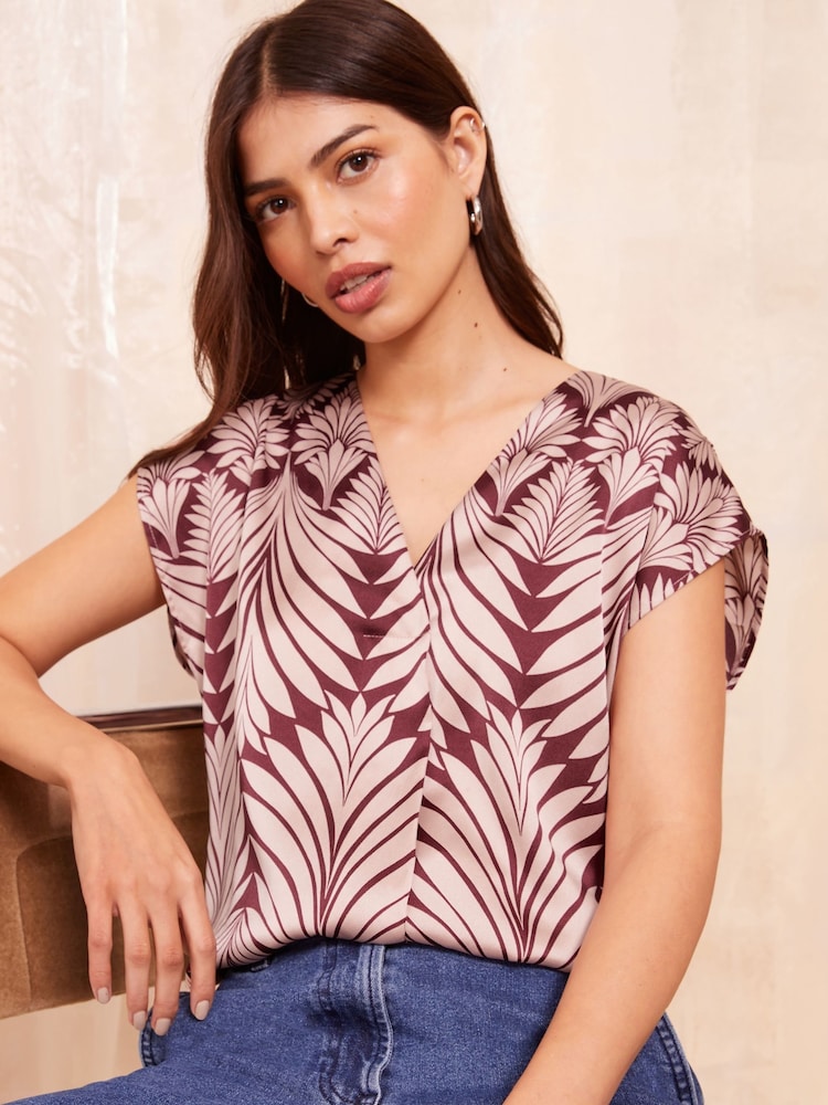 Friends Like These Burgundy Palm Print Petite Short Sleeve Satin V Neck Blouse - Image 1 of 4