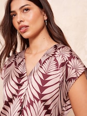 Friends Like These Burgundy Palm Print Petite Short Sleeve Satin V Neck Blouse - Image 3 of 4