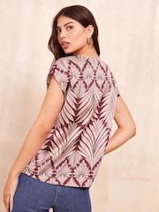 Friends Like These Burgundy Palm Print Petite Short Sleeve Satin V Neck Blouse - Image 4 of 4
