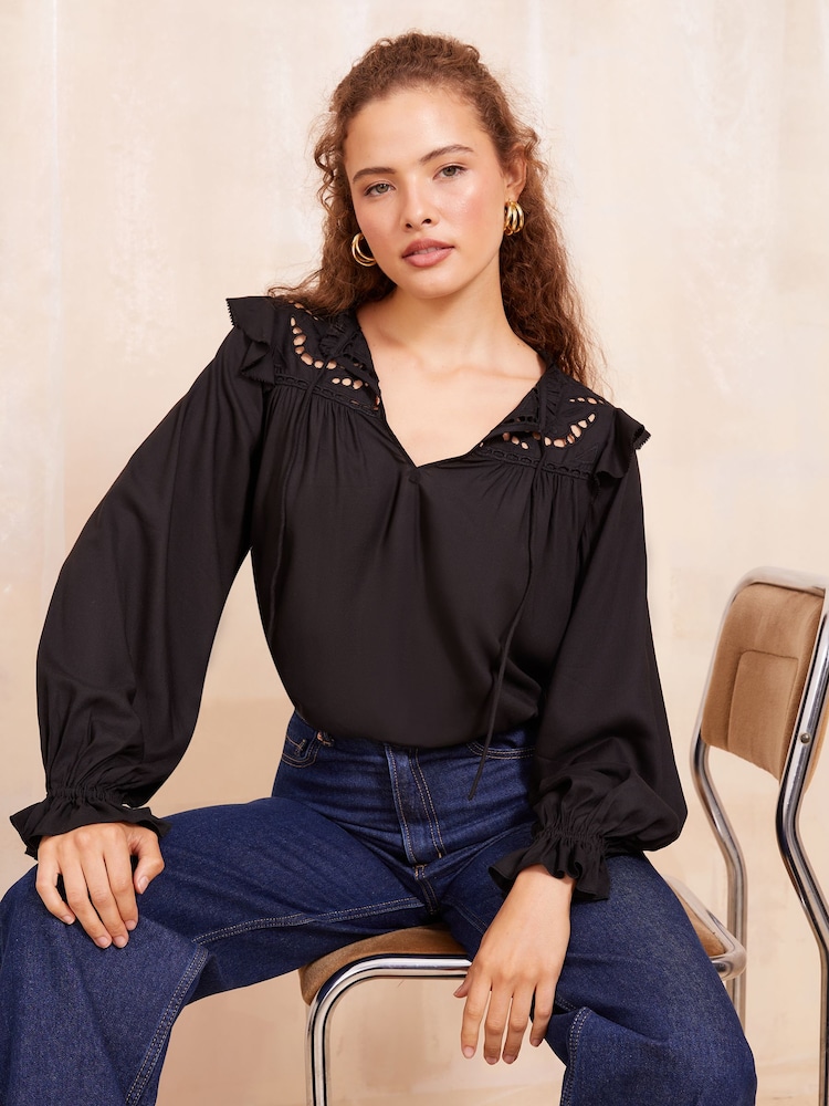 Friends Like These Black Long Sleeve Cutwork Lace Blouse - Image 1 of 4