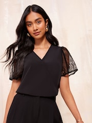 Friends Like These Black Lace Short Sleeve Wrap Top - Image 1 of 4