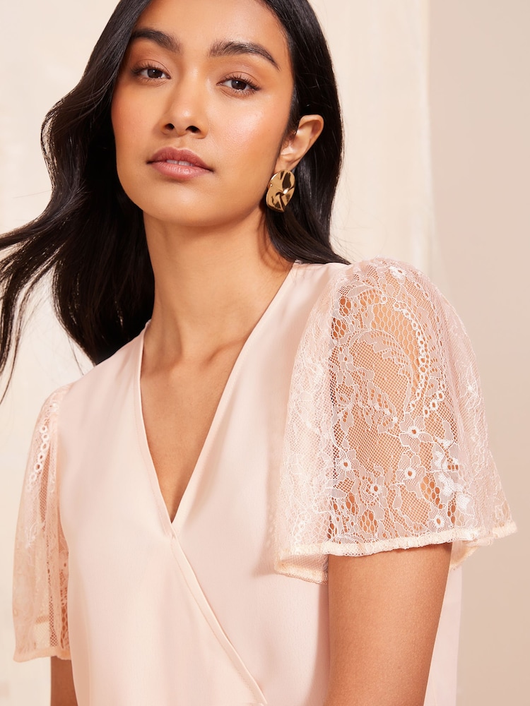 Friends Like These Pale Pink Lace Short Sleeve Wrap Top - Image 2 of 4