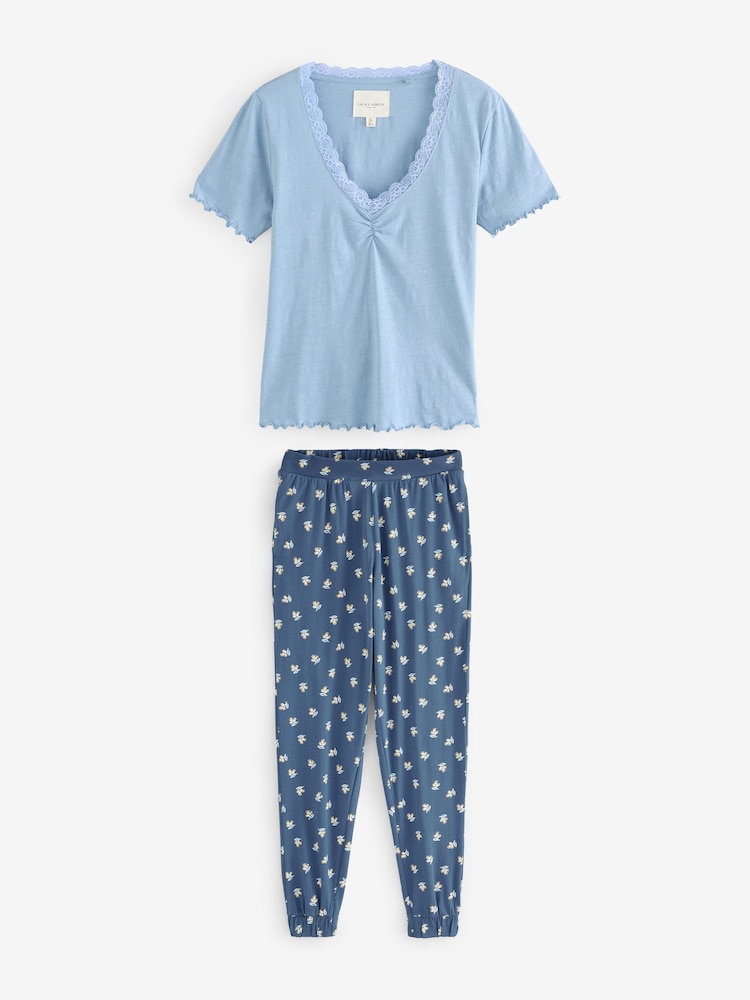 Laura Ashley Navy Sprig Jersey 100% Cotton Pyjamas Set - Image 6 of 8