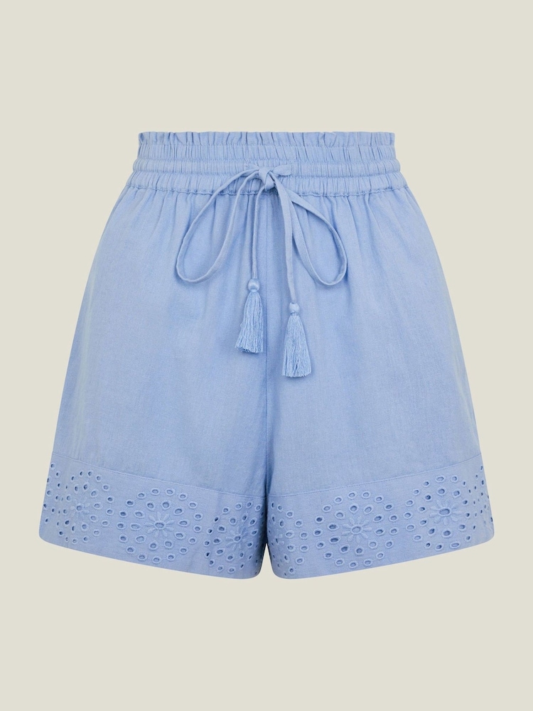 Accessorize Blue Broderie Cotton/Linen Mix Beach Shorts - Image 4 of 4