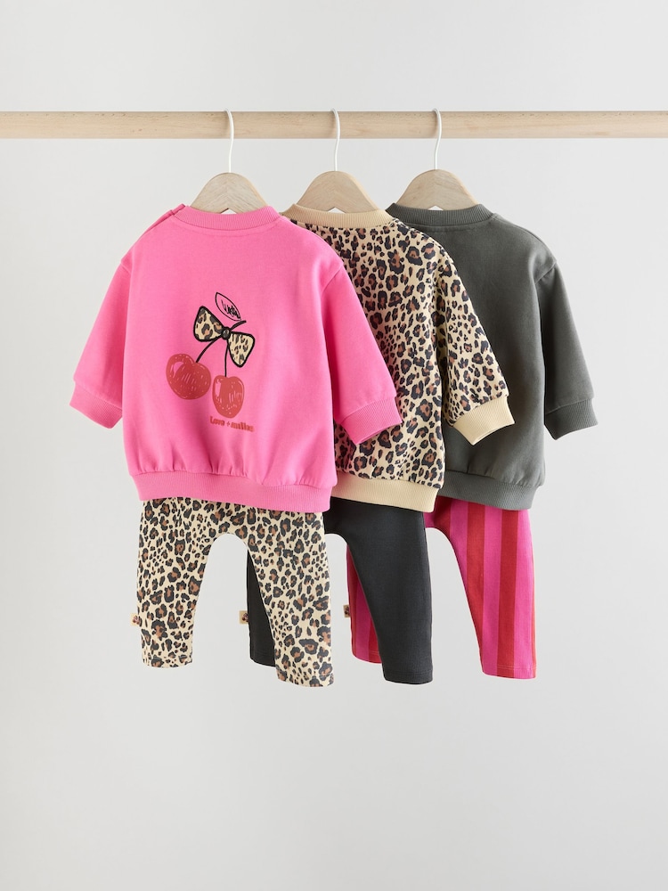 Pink/Grey/Leopard Print Sweat Top and Leggings 3 Pack Set - Image 2 of 16