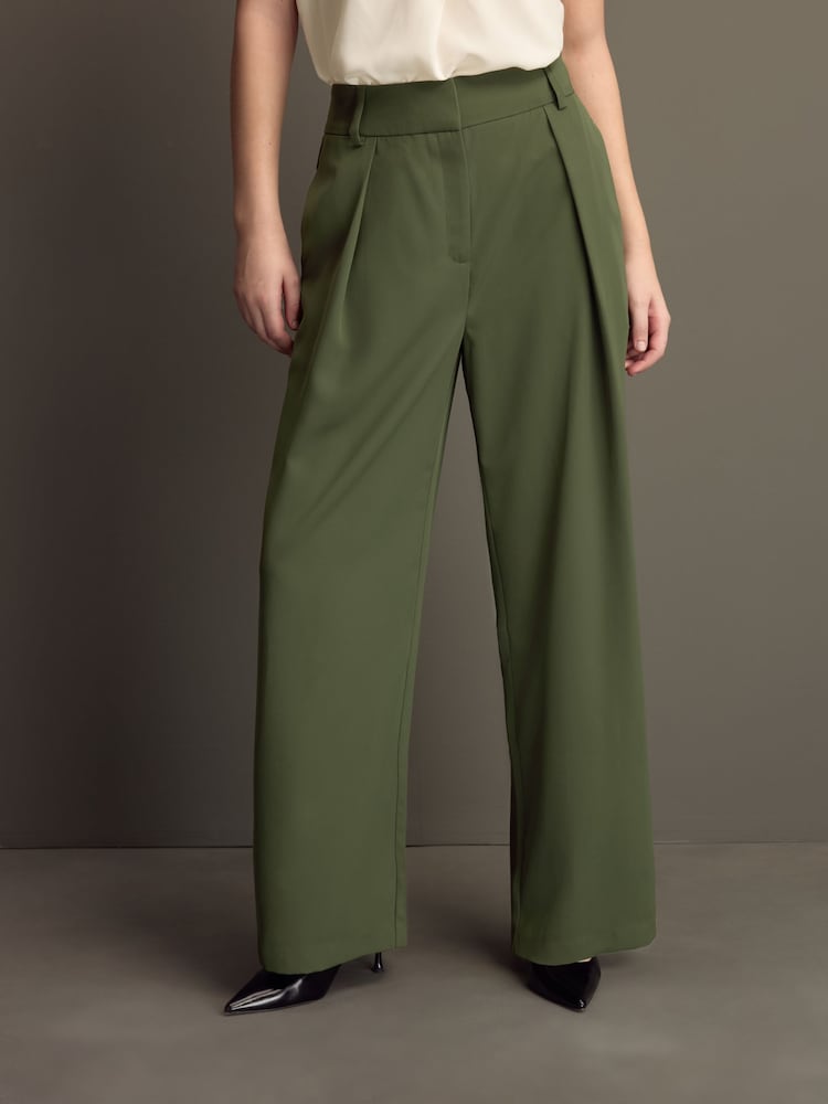 Khaki Green Elastic Back Wide Leg Trousers - Image 1 of 8