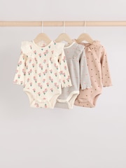 Cream/ Fauve / Gris à fleurs imprimées - Baby Long Sleeve Frill Bodies 3 Pack - Image 1 de 11