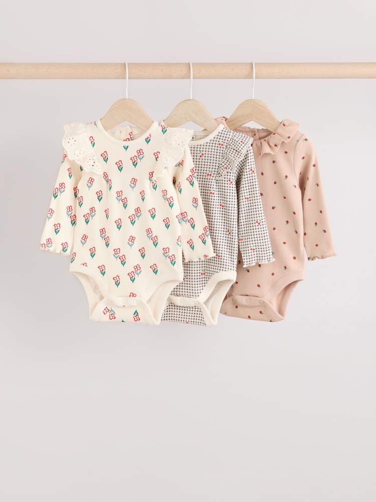 Cream/ Fauve / Gris à fleurs imprimées - Baby Long Sleeve Frill Bodies 3 Pack - Image 1 of 11