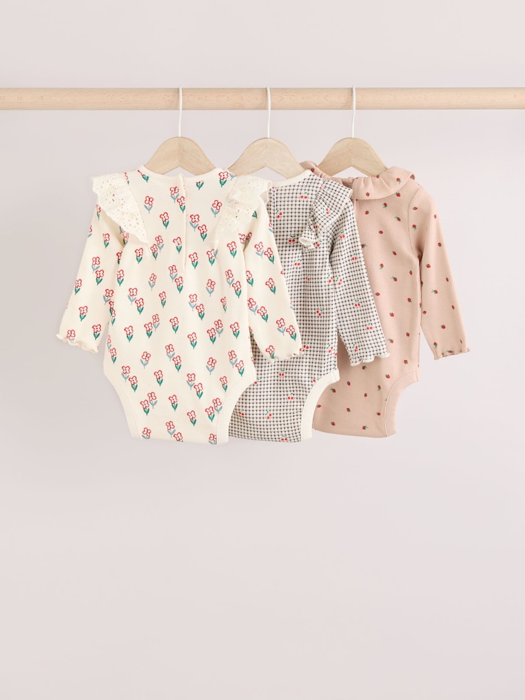 Cream/ Fauve / Gris à fleurs imprimées - Baby Long Sleeve Frill Bodies 3 Pack - Image 2 of 11