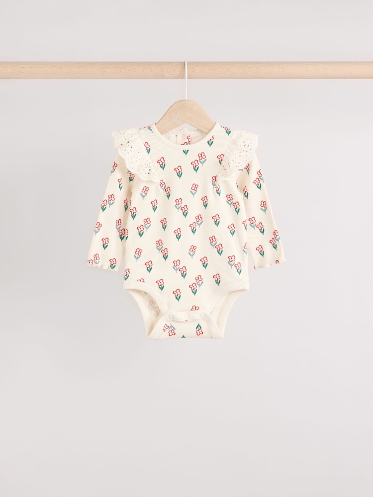 Cream/ Fauve / Gris à fleurs imprimées - Baby Long Sleeve Frill Bodies 3 Pack - Image 3 of 11
