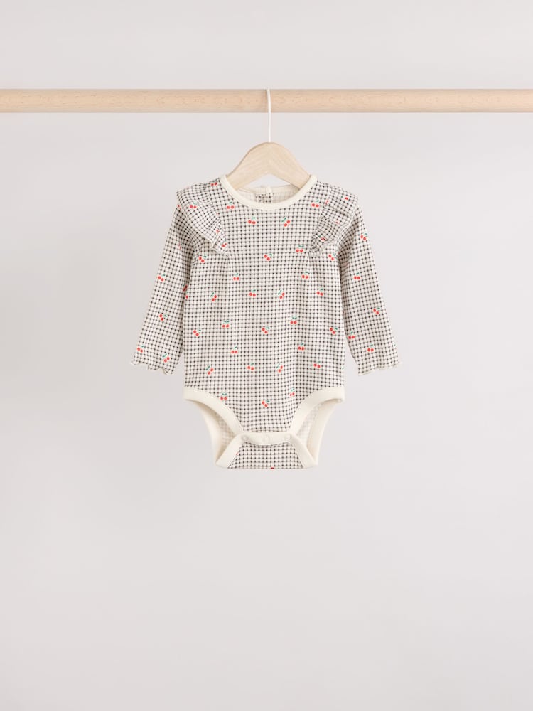 Cream/ Fauve / Gris à fleurs imprimées - Baby Long Sleeve Frill Bodies 3 Pack - Image 4 of 11