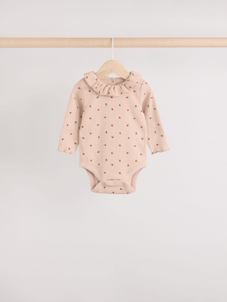 Cream/ Fauve / Gris à fleurs imprimées - Baby Long Sleeve Frill Bodies 3 Pack - Image 5 of 11