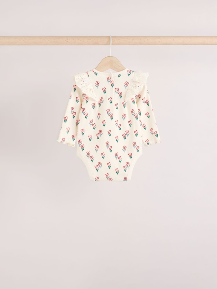 Cream/ Fauve / Gris à fleurs imprimées - Baby Long Sleeve Frill Bodies 3 Pack - Image 6 of 11