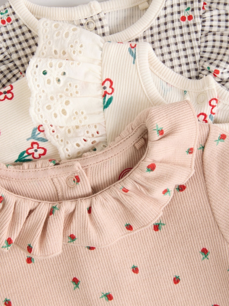 Cream/ Fauve / Gris à fleurs imprimées - Baby Long Sleeve Frill Bodies 3 Pack - Image 8 of 11
