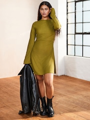 Olive Green Long Sleeves Ruched Mini Dress - Image 3 of 8