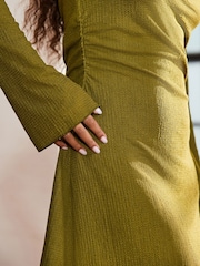 Olive Green Long Sleeves Ruched Mini Dress - Image 5 of 8