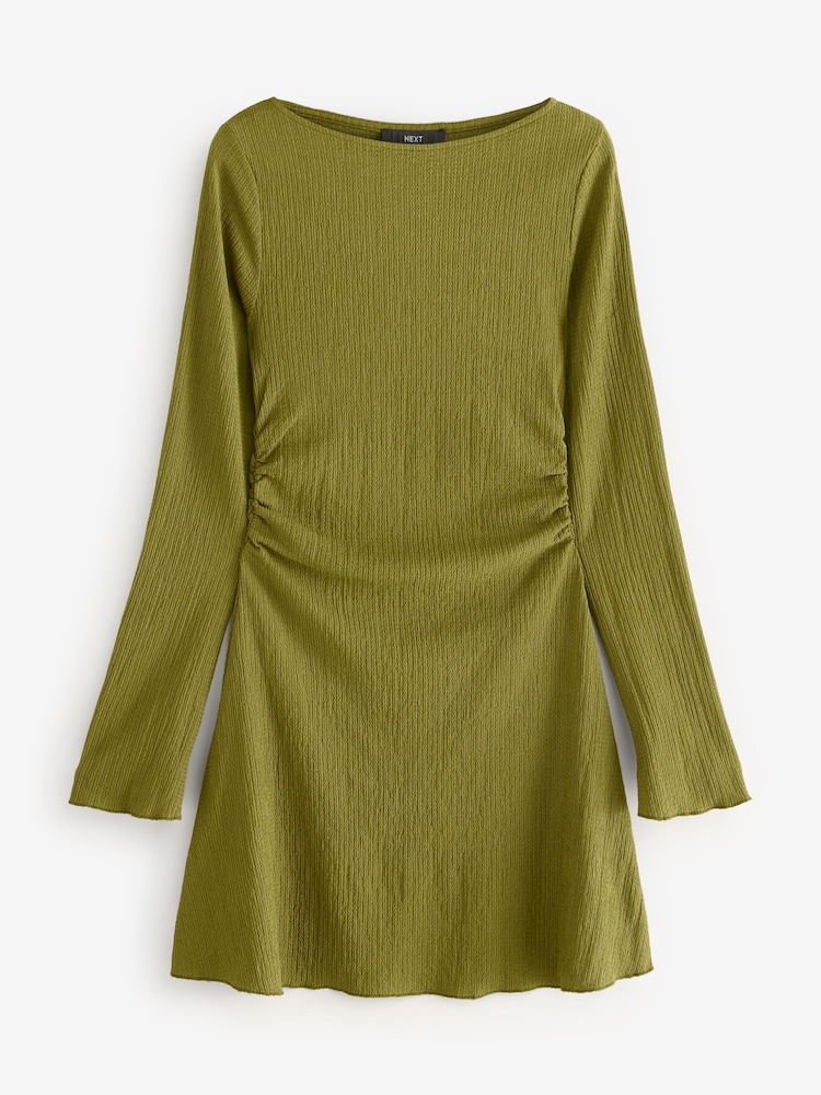 knee length dresses for ladies Green Collared Long Sleeve Knitted Mini Dress main image 1