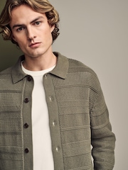Khaki Green Relaxed Fit Cotton Rich Crochet Textured Knit Shacket - Image 1 of 8