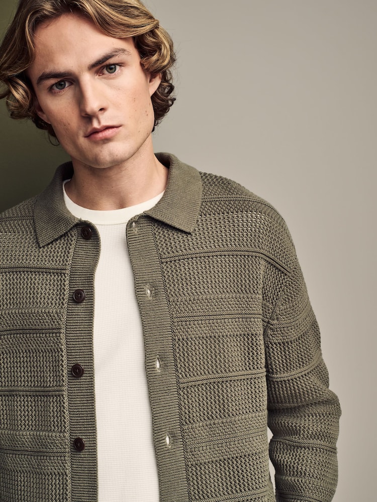 Khaki Green Relaxed Fit Cotton Rich Crochet Textured Knit Shacket - Image 1 of 8