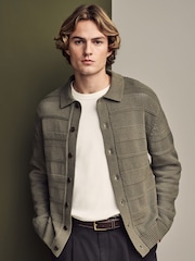 Khaki Green Relaxed Fit Cotton Rich Crochet Textured Knit Shacket - Image 2 of 8