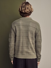 Khaki Green Relaxed Fit Cotton Rich Crochet Textured Knit Shacket - Image 3 of 8