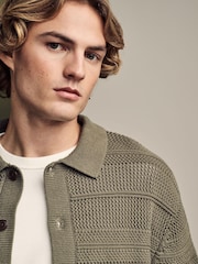 Khaki Green Relaxed Fit Cotton Rich Crochet Textured Knit Shacket - Image 5 of 8