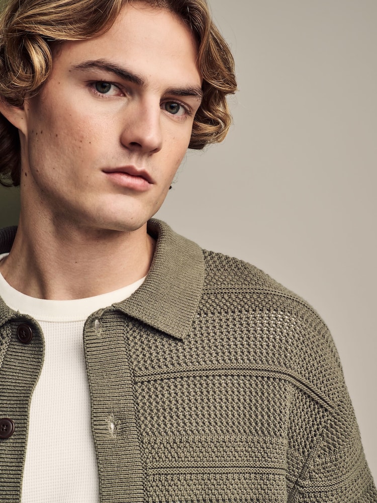Khaki Green Relaxed Fit Cotton Rich Crochet Textured Knit Shacket - Image 6 of 6