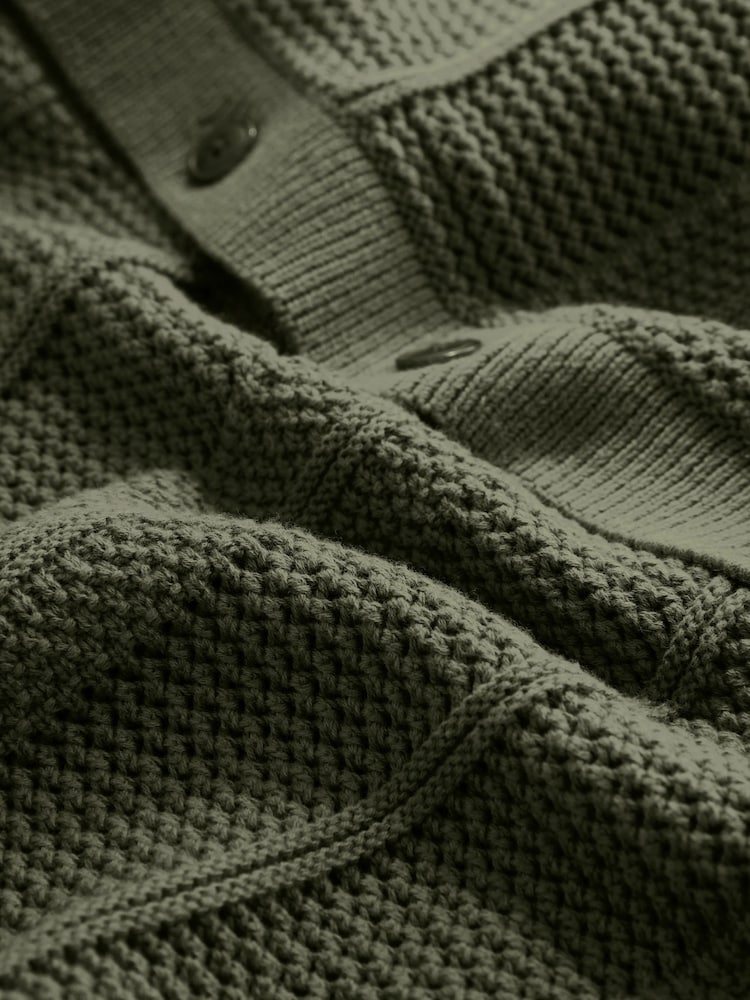 Khaki Green Relaxed Fit Cotton Rich Crochet Textured Knit Shacket - Image 8 of 8