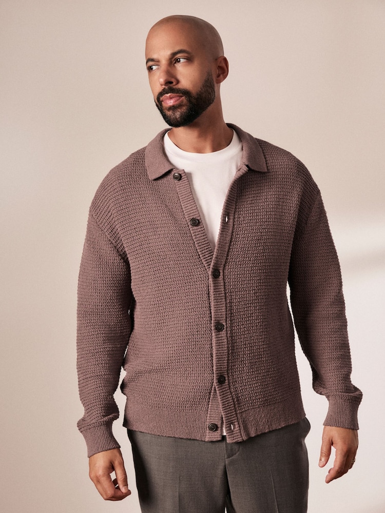 Dark Stone Relaxed Fit Cotton Rich Crochet Textured Knit Shacket - Image 1 of 9