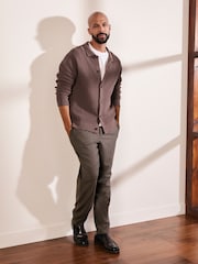 Dark Stone Relaxed Fit Cotton Rich Crochet Textured Knit Shacket - Image 4 of 9
