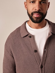 Dark Stone Relaxed Fit Cotton Rich Crochet Textured Knit Shacket - Image 6 of 9