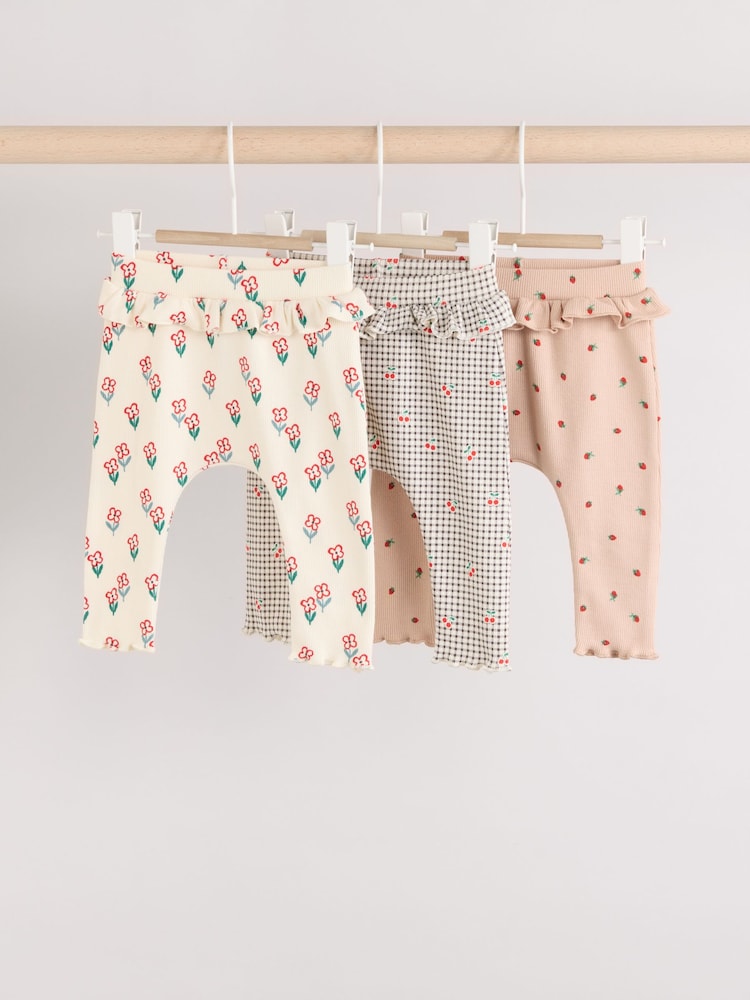 Cream/ Fauve / Gris à fleurs imprimées - Lot de 3 Leggings à volants Bébé - Image 1 of 10
