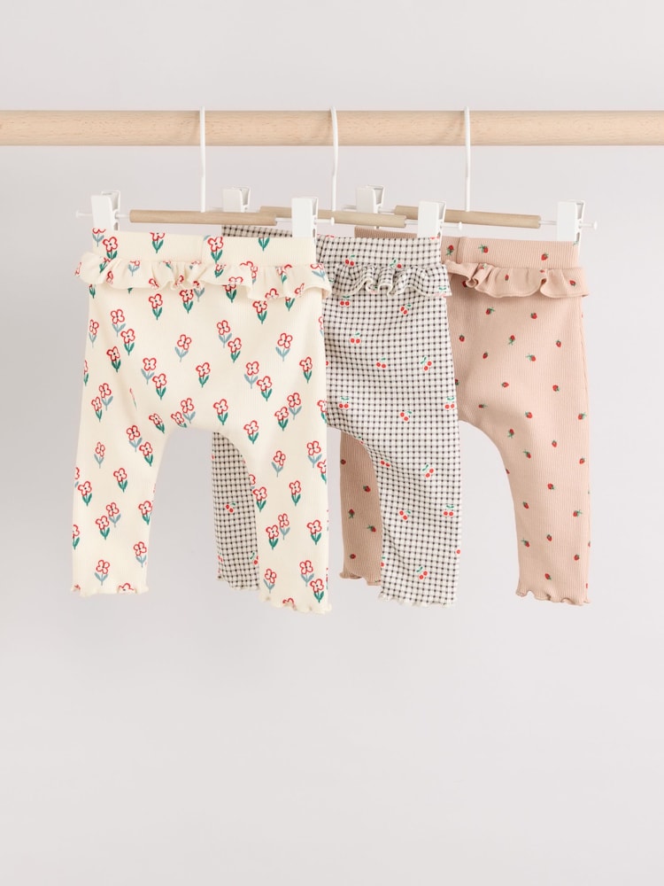 Cream/ Fauve / Gris à fleurs imprimées - Lot de 3 Leggings à volants Bébé - Image 2 of 10