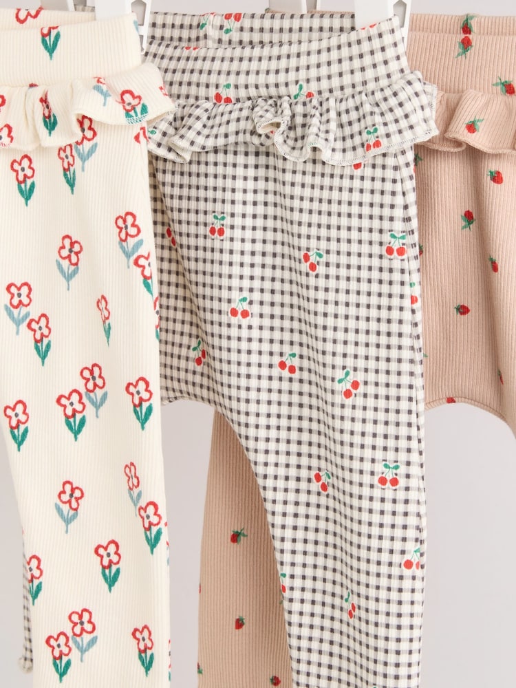 Cream/ Fauve / Gris à fleurs imprimées - Lot de 3 Leggings à volants Bébé - Image 7 of 10