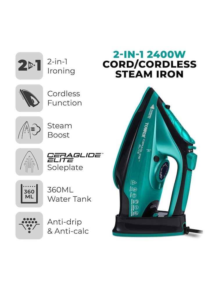 Tower Black and Teal Ceraglide Cord Cordless Iron - Image 2 of 8