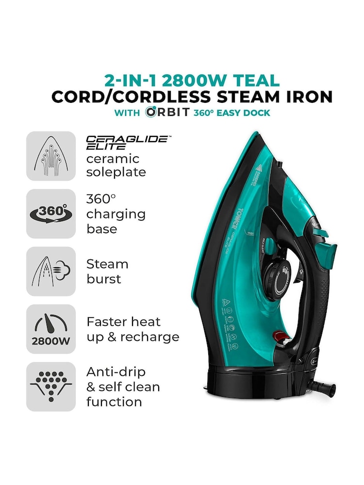 Tower Black and Teal Ceraglide Cordless Iron - Image 2 of 8